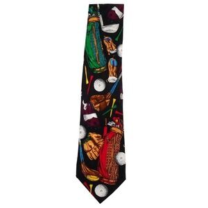 Vtg Addiction Mens Tie Black Multi Silk Necktie Golf Balls Bags Clubs Shoes Tees